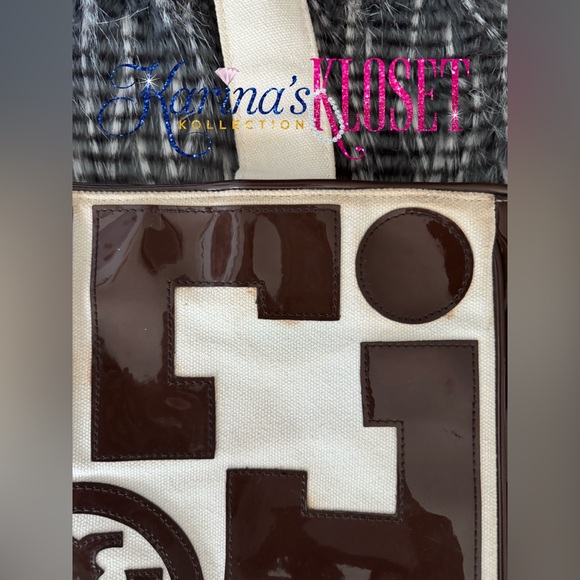 Tory Burch Large Tote LIMITED EDITION, VINTAGE TOTE Canvas & Brown Patent Tote - Picture 4 of 5